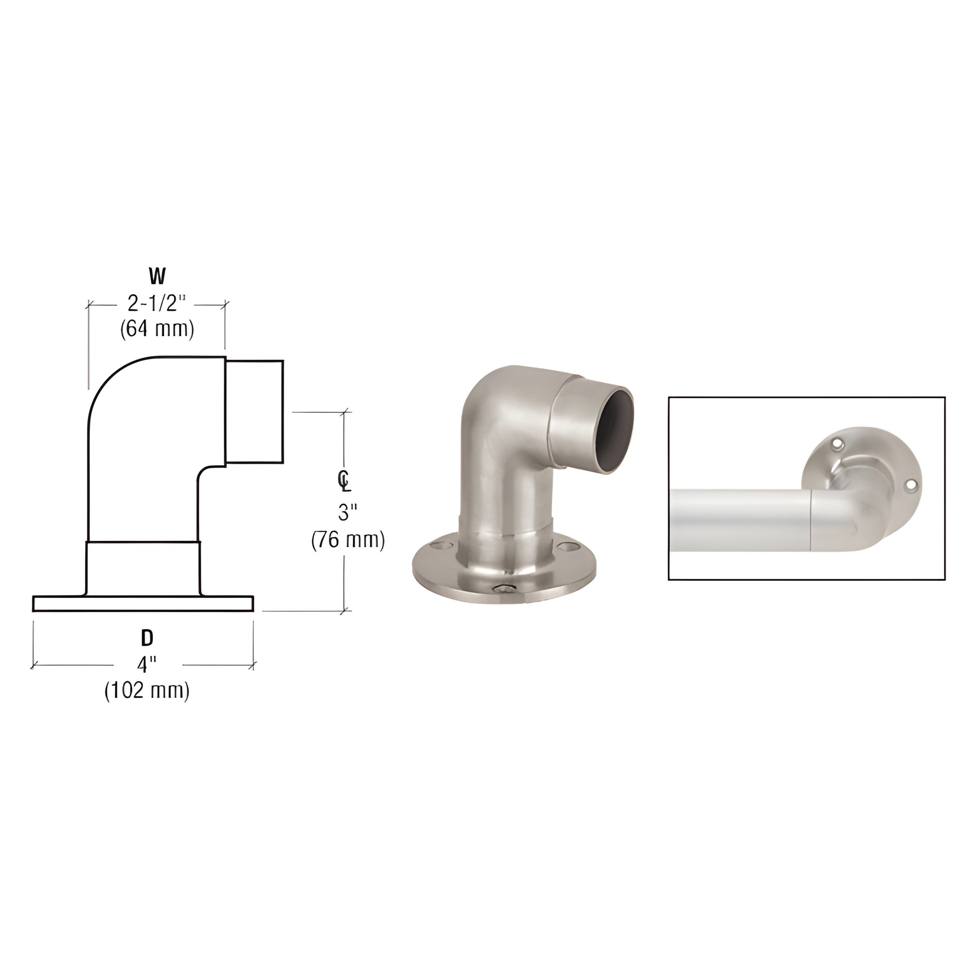 CRL HR20QBS brushed stainless steel flush wall handrail return, 90-degree elbow with 4" base and mounting holes