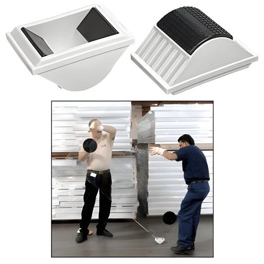 RB200 white roller blocks with rubber pads, V-shaped glass support for rotating/supporting panels (400 lb capacity)