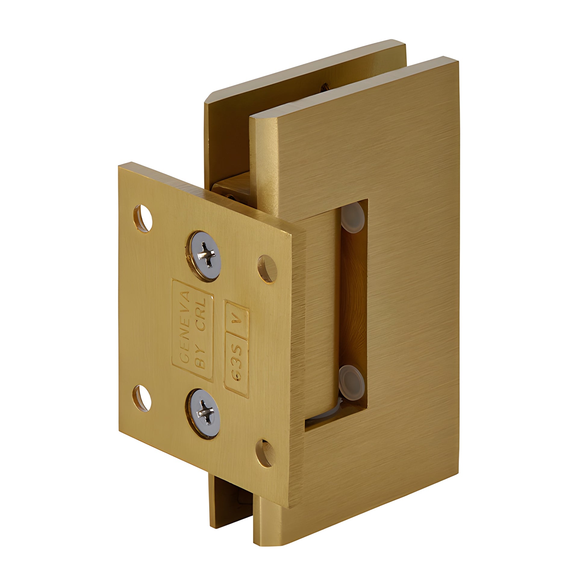 Satin brass Geneva shower door hinge, short back plate, self-centering, for 8-12mm tempered glass (GEN074SB)