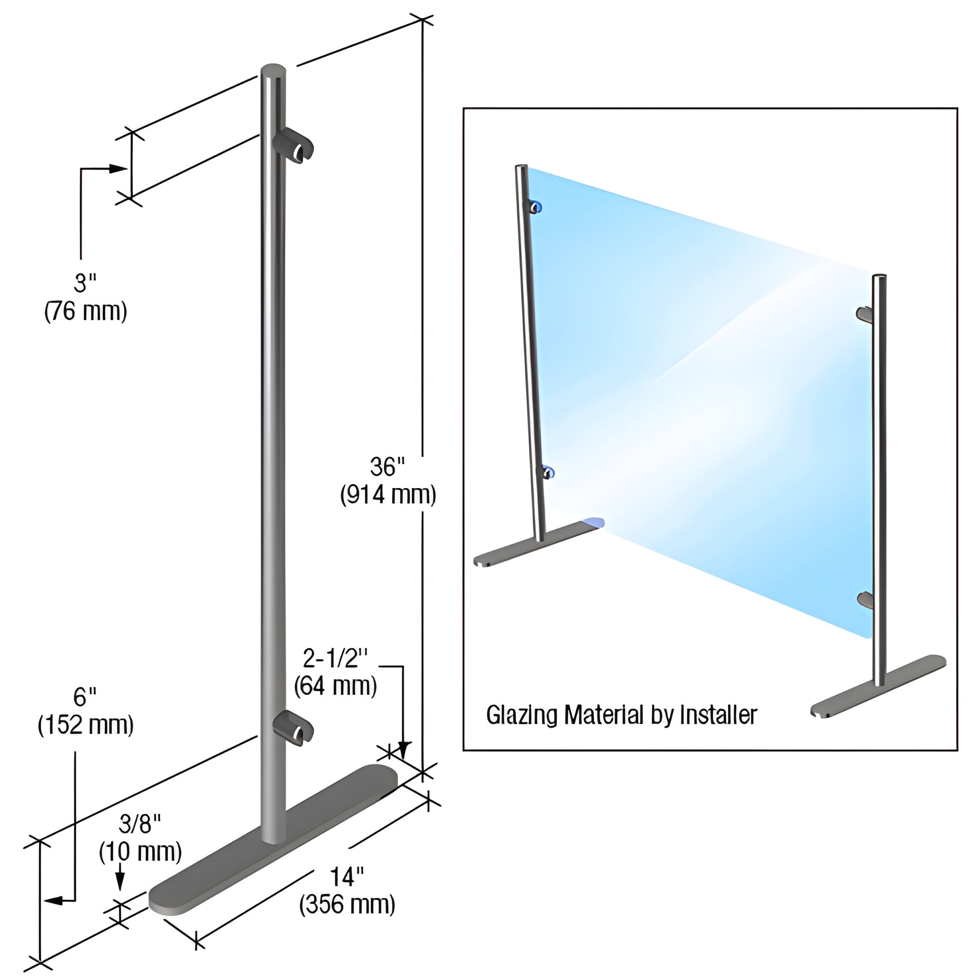 PP36E portable brushed stainless steel end post, 36 in tall, 14 in removable base, fittings for 1/4-3/8 in glazing