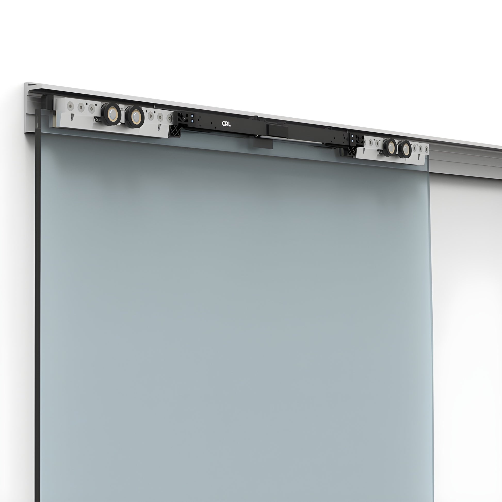 Satin anodized CRL695 commercial sliding door kit - 118in track with top-mounted rollers and 3/8-1/2in tempered glass
