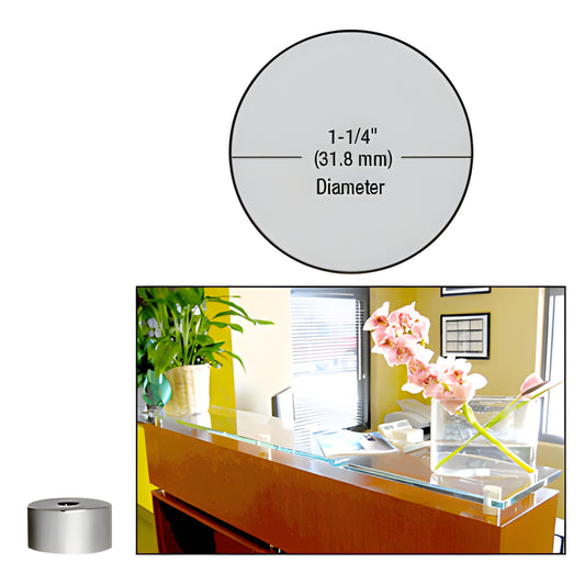 Brushed stainless 1-1/4in (32mm) round standoff base for glass or wood panels, 316 stainless steel, modern mounting