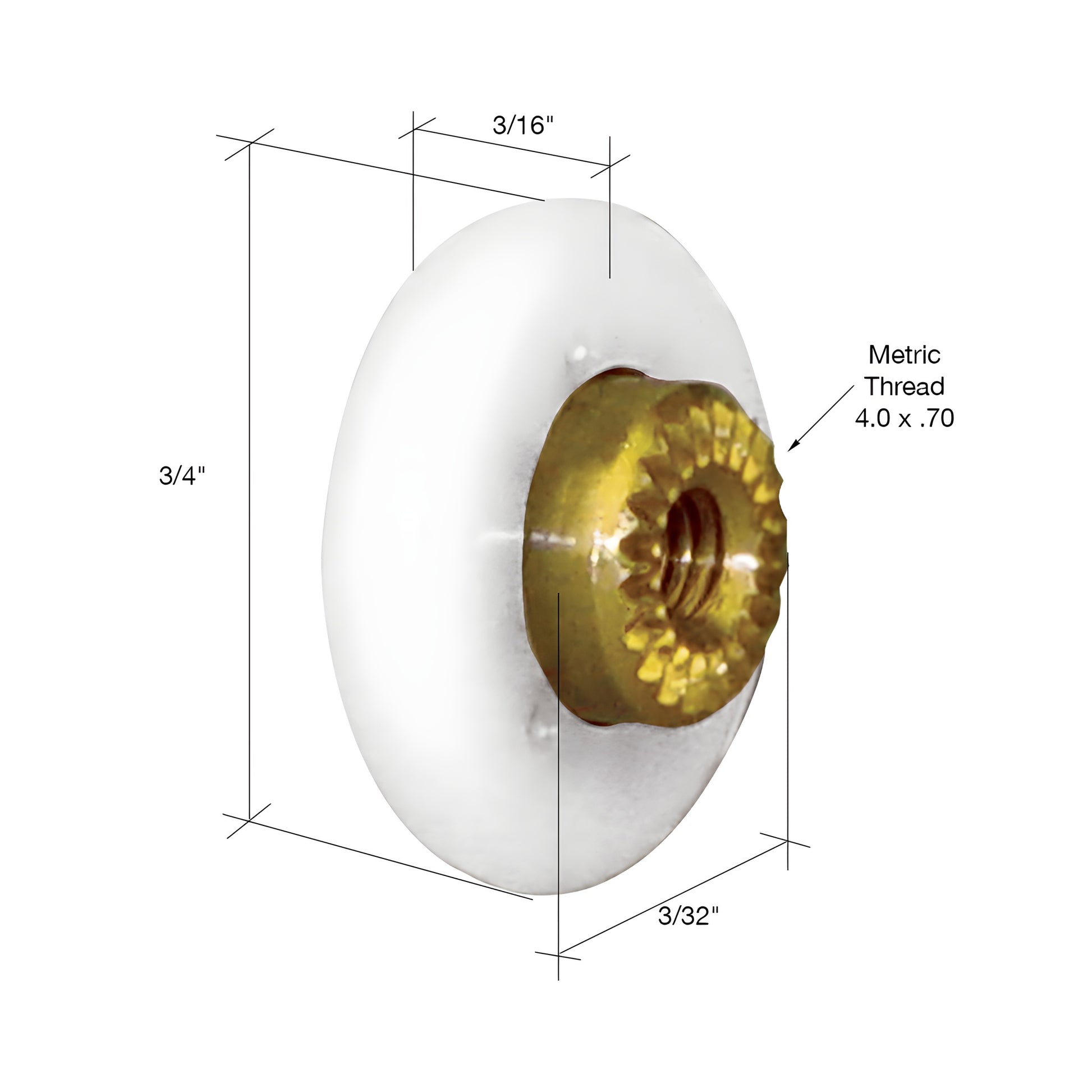 M6206 white 3/4" nylon shower door roller with brass 4.0x.70 threaded hex hub.