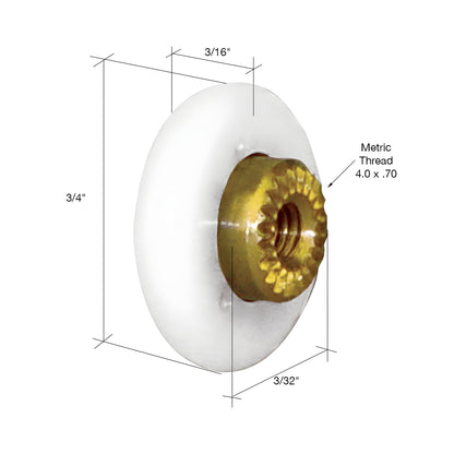 M6206 white 3/4" nylon shower door roller with brass 4.0x.70 threaded hex hub.