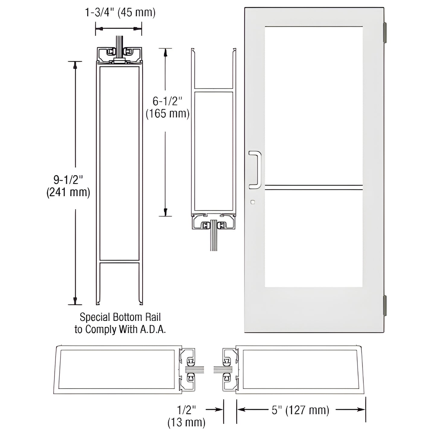 White Kynar custom wide-stile entrance door SKU DE51452, 5" stiles, 9-1/2" ADA bottom rail, accepts 1/4" glass