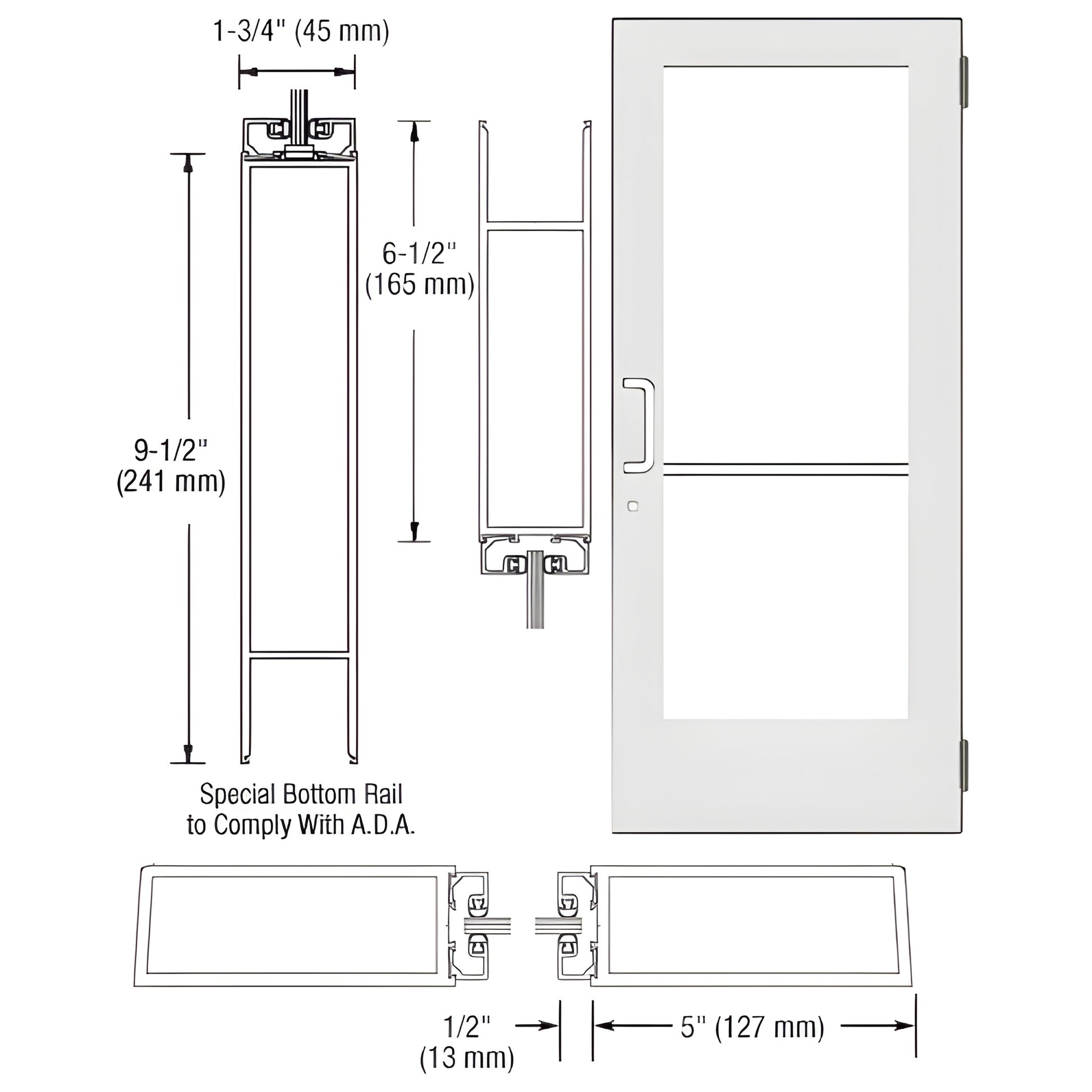 White Kynar custom wide-stile entrance door SKU DE51452, 5" stiles, 9-1/2" ADA bottom rail, accepts 1/4" glass