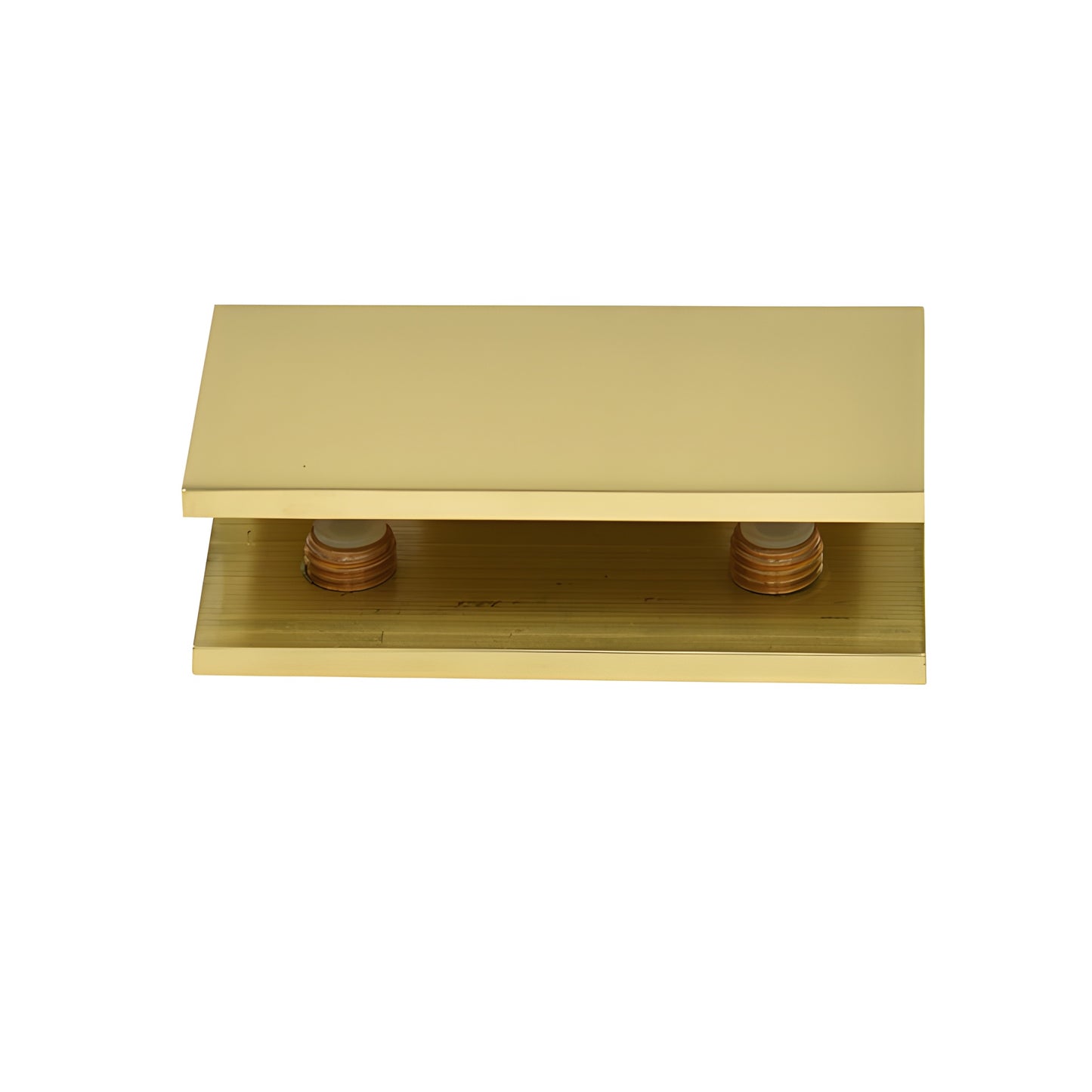 NDC12BR polished brass no-drill fixed panel clamp with clear gasket and two mounting screws.