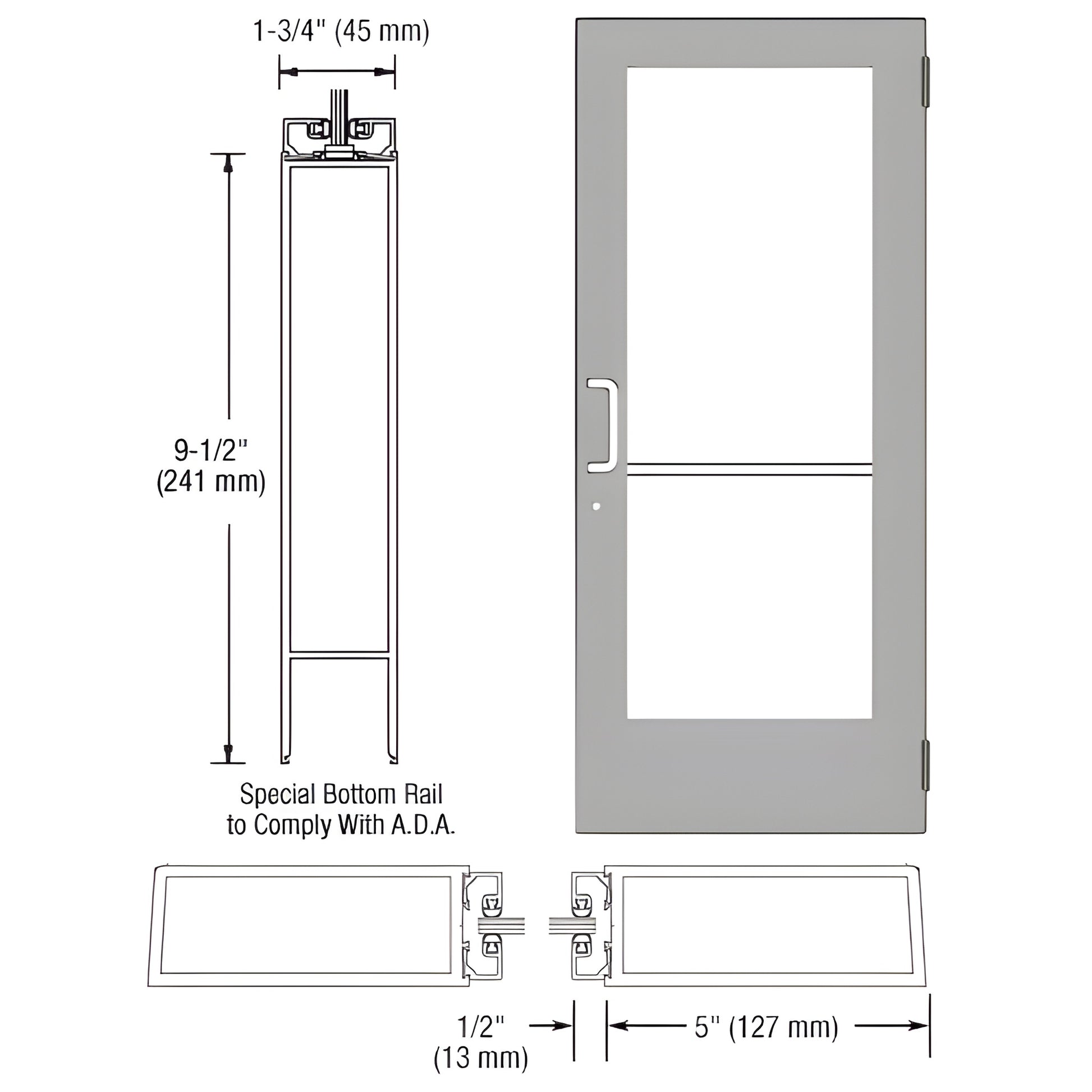 Clear anodized commercial wide-stile entrance door with 9-1/2" ADA bottom rail, 5" stiles - SKU DE51511