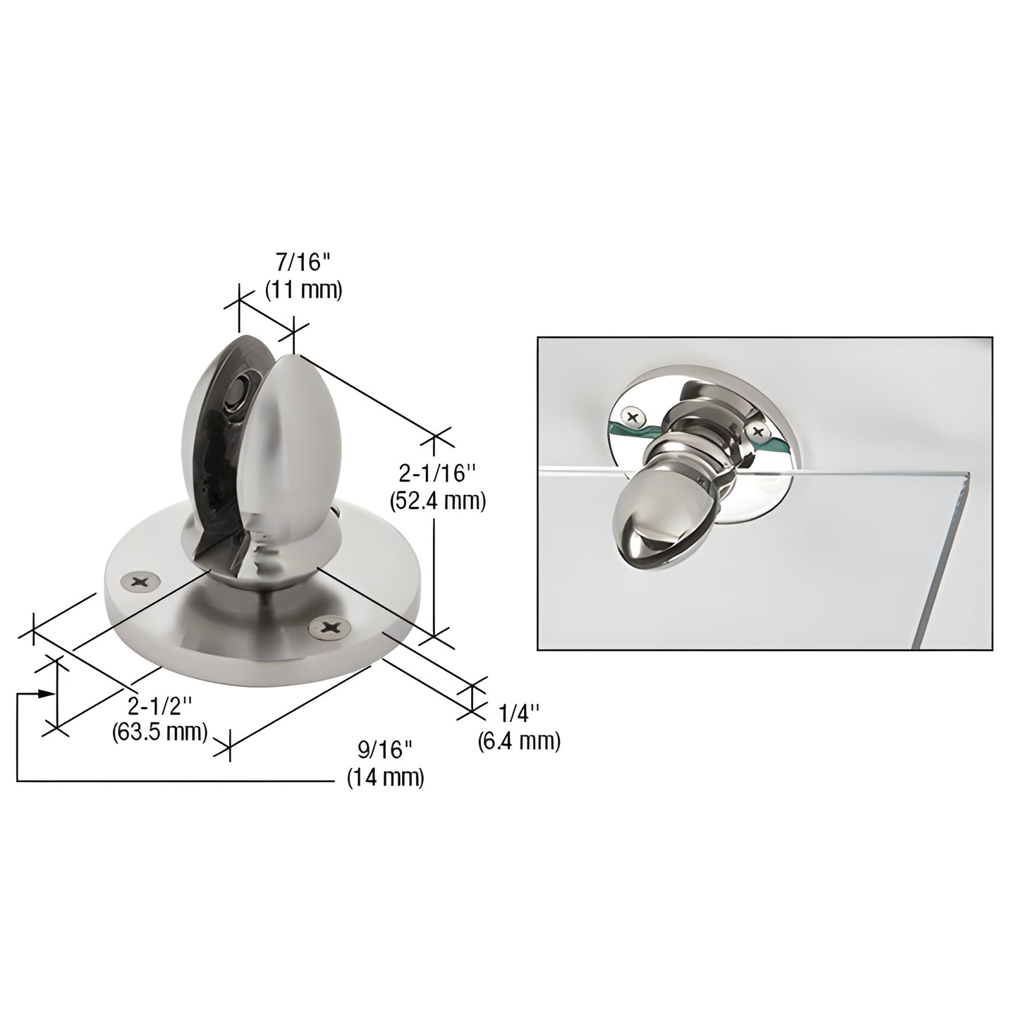 VPC38BS brushed 316 stainless steel panel clamp for 3/8" (10mm) glass - round base, pivoting top, mounting screws included.