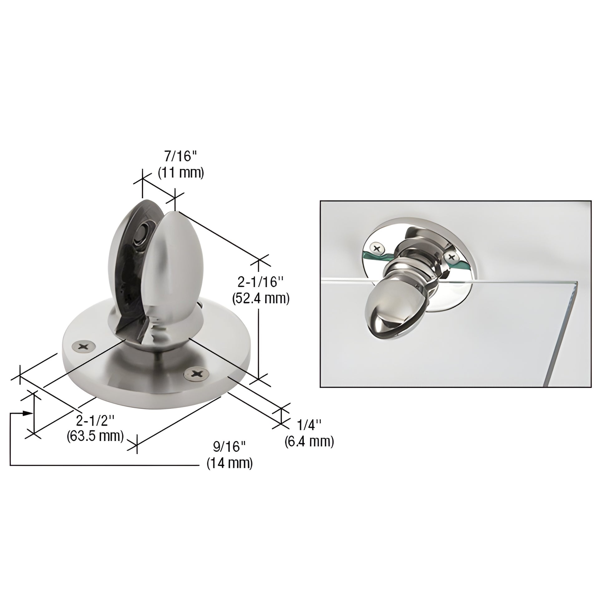 VPC38BS brushed 316 stainless steel panel clamp for 3/8" (10mm) glass - round base, pivoting top, mounting screws included.
