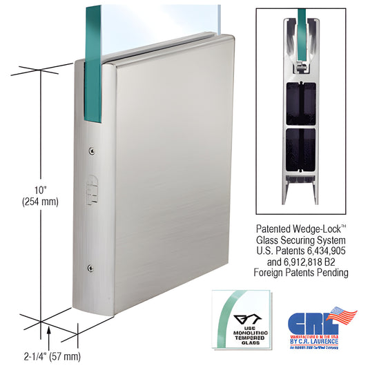 Brushed stainless steel Wedge Lock door rail, 10" high 2-1/4" wide, square profile for 3/4" (19 mm) glass.