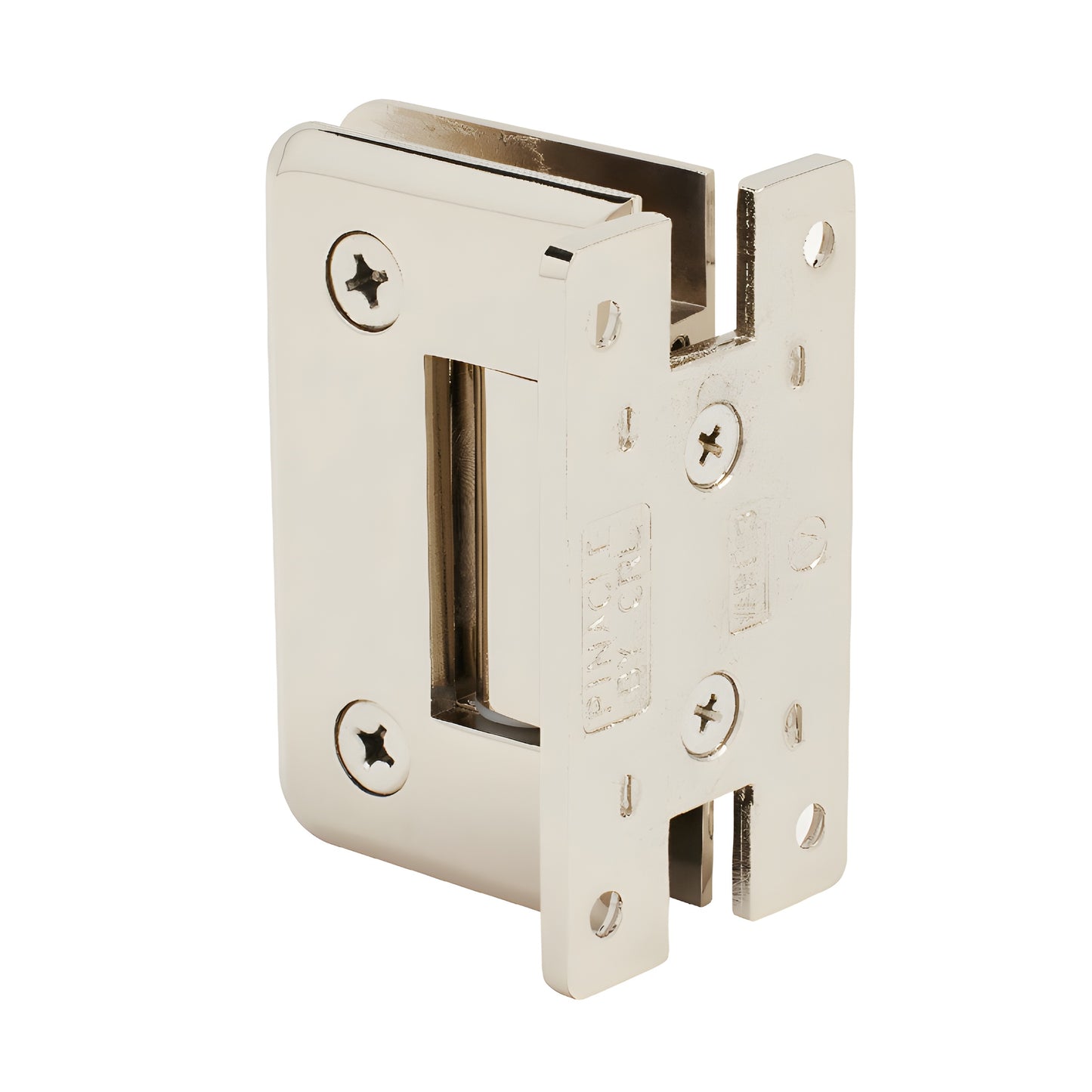 Polished nickel Pinnacle brass shower hinge for 8-12mm frameless glass, beveled edge, self-centering, SKU P1N537PN