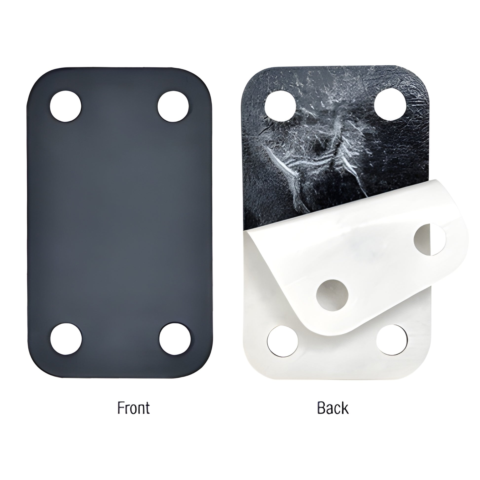 Black rubber moisture-barrier gasket (BPG5BL), rectangular with four bolt holes, front and back views.