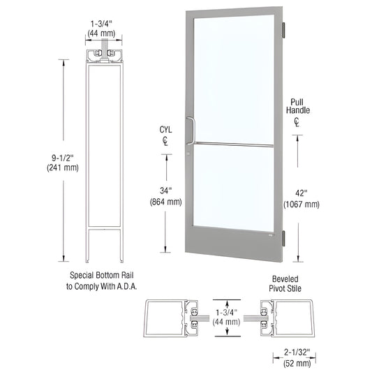 Clear anodized narrow stile commercial entrance door (DE21511) with large glass, ADA 91 2" bottom rail, boxed hardware.