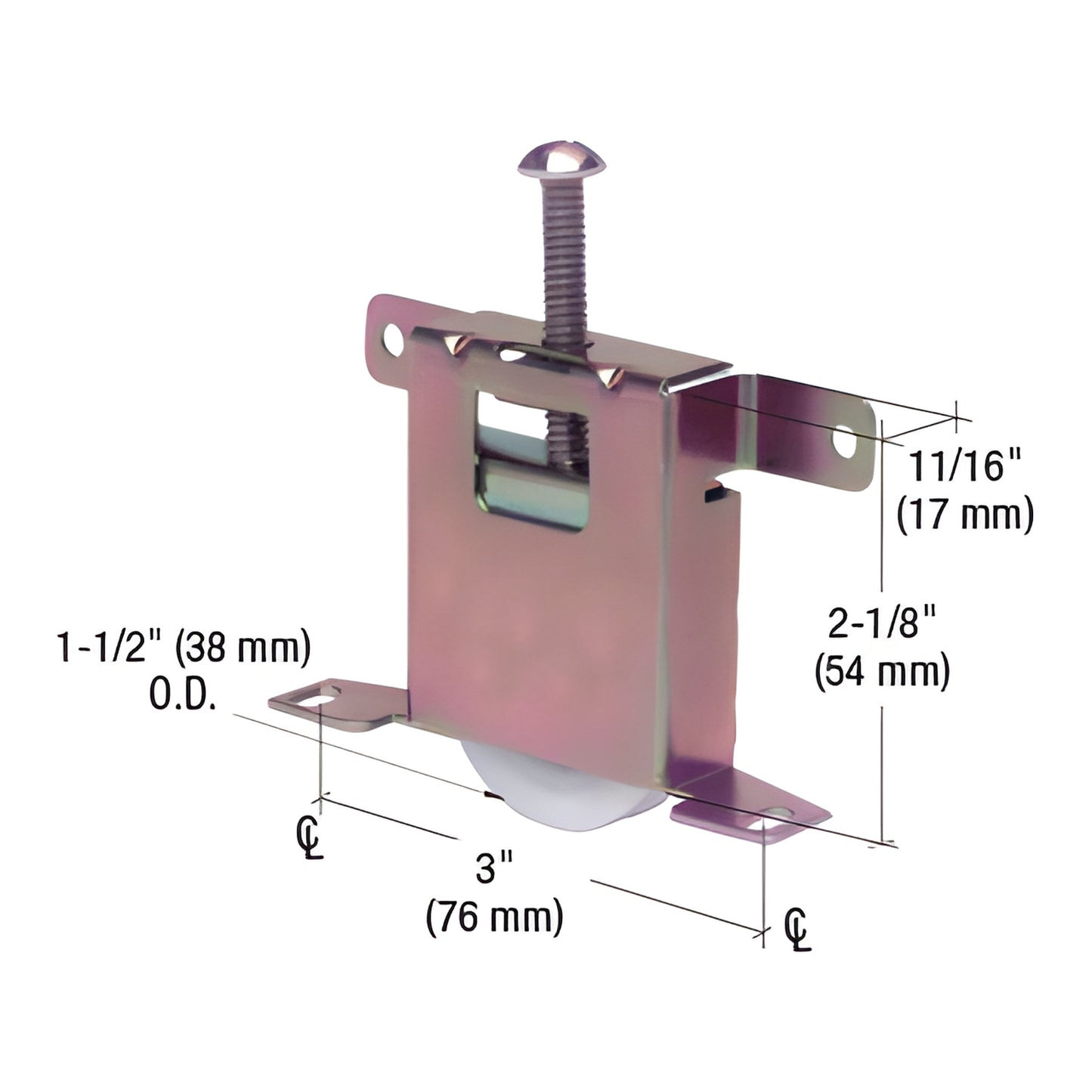 CRL SKU N6861 adjustable steel housing with 1.5" concave nylon ball-bearing roller for wood framed sliding mirror doors.