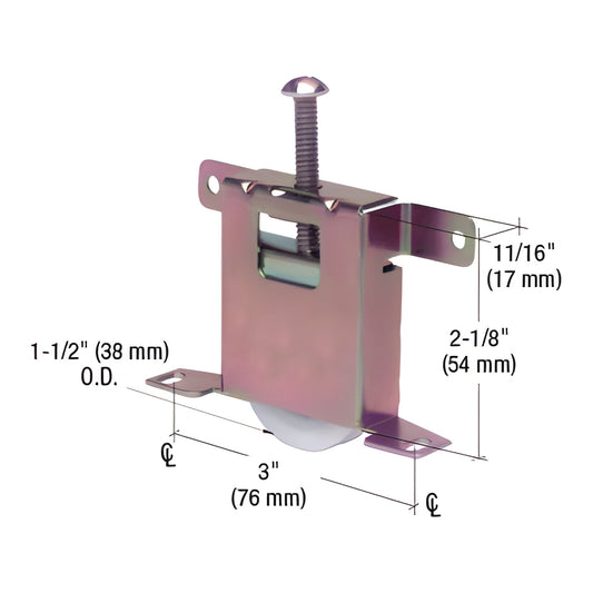 CRL SKU N6861 adjustable steel housing with 1.5" concave nylon ball-bearing roller for wood framed sliding mirror doors.