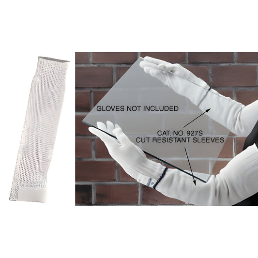 CRL SKU 927S white 21in HPPE cut-resistant arm sleeves, pair, shown on arms holding glass; gloves not included.