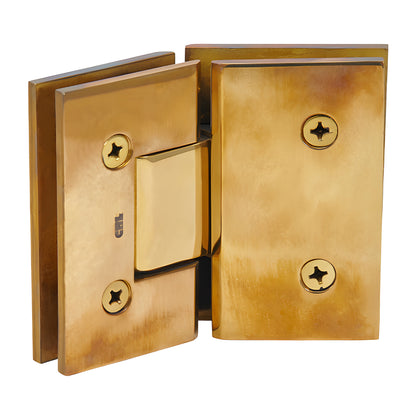 Unlacquered brass squared Vienna glass-to-glass hinge, 135 pivot for 3/8-1/2 shower glass (SKU V1E045ULBR)