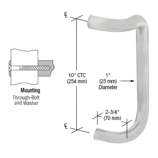 CD10BS brushed stainless tubular offset single-sided door pull - 10 in CTC, 1 in diameter, 2.75 in projection