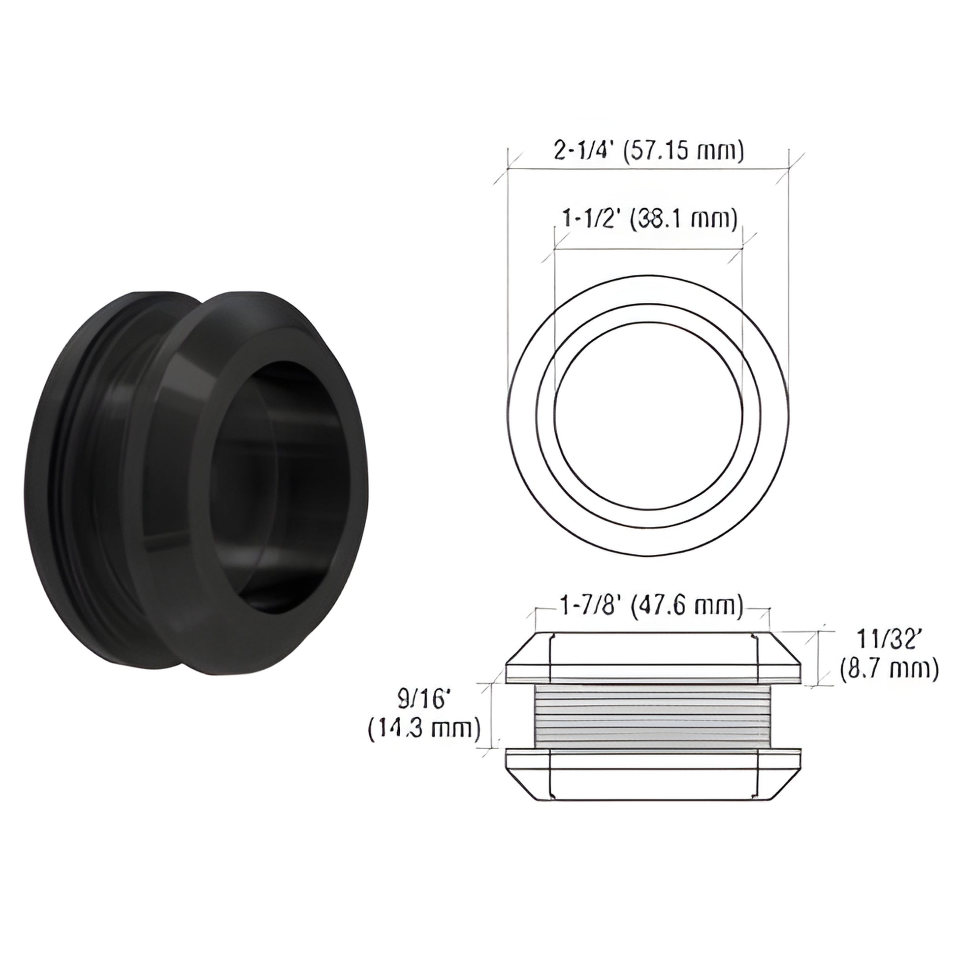 Matte black recessed thru-glass pull handle (FP214MBL), stainless, 2-1/4" dia, fits 3/8-1/2" glass, 1-7/8" hole.
