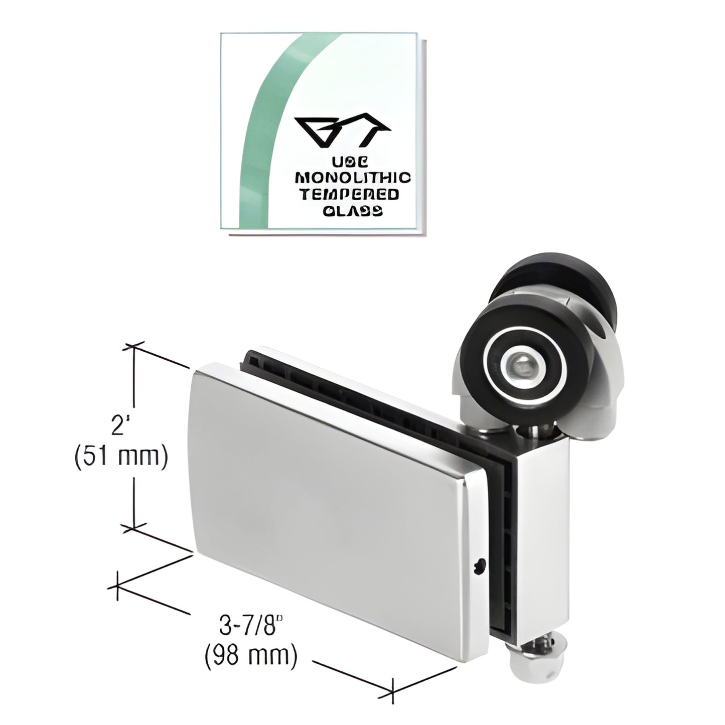 B1R12 brushed stainless steel top single roller patch for 3/8-1/2" tempered glass, dual-wheel roller.