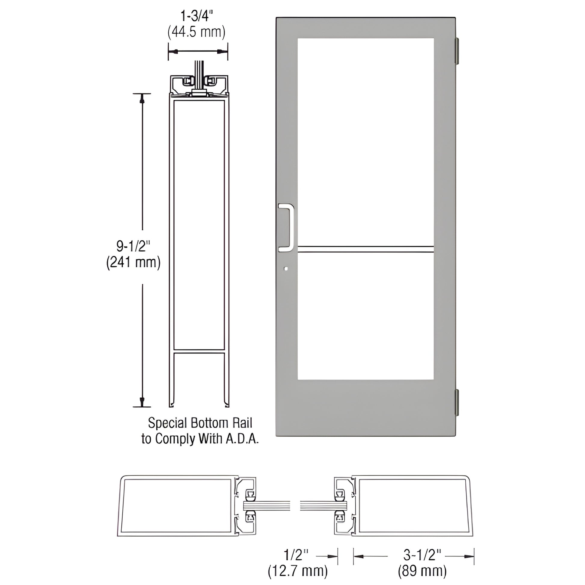 CD41511 clear anodized medium stile commercial entrance door, 3-1/2in stiles, ADA 9-1/2in bottom rail, accepts 1/4in glass.