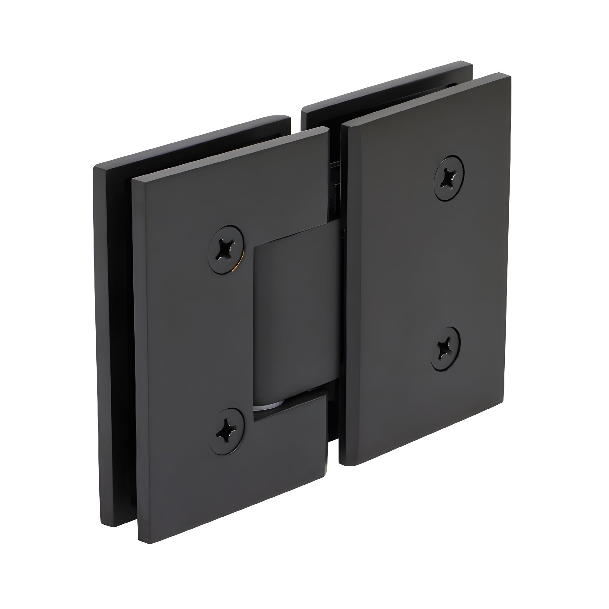 Matte black solid brass 180 glass-to-glass shower hinge MEL180MBL, square profile, self-centering.