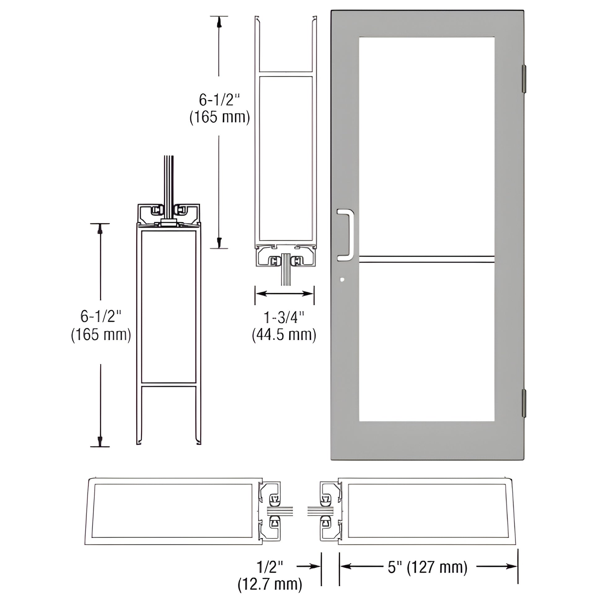 Commercial clear-anodized wide-stile entrance door (SKU DC51411), 5" stile, 6-1/2" bottom rail, ADA-ready.