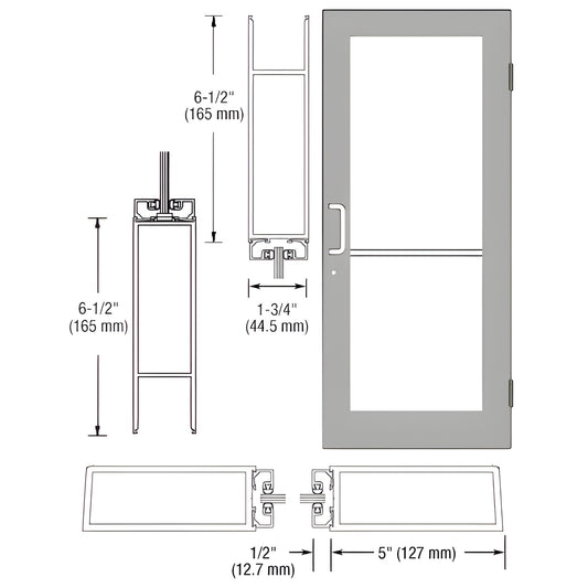 Commercial clear-anodized wide-stile entrance door (SKU DC51411), 5" stile, 6-1/2" bottom rail, ADA-ready.