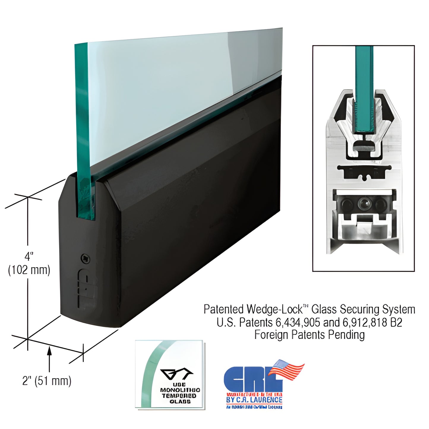 Gloss black 4 in tapered aluminum door rail (35 3/4") for 3/8" glass with Wedge Lock glass securing system, SKU DR4TBL38S