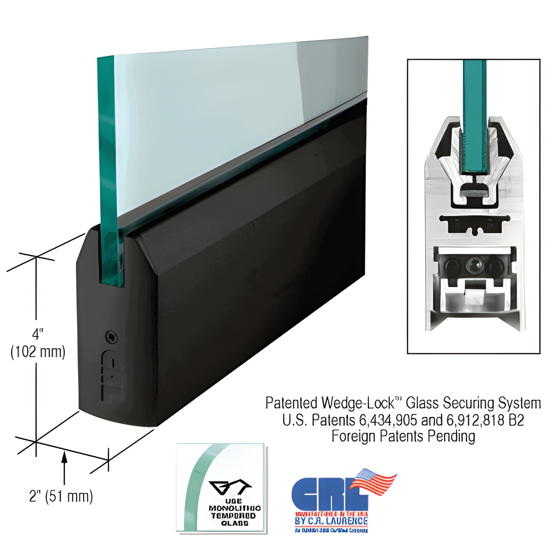 Gloss black 4 in tapered aluminum door rail (35 3/4") for 3/8" glass with Wedge Lock glass securing system, SKU DR4TBL38S