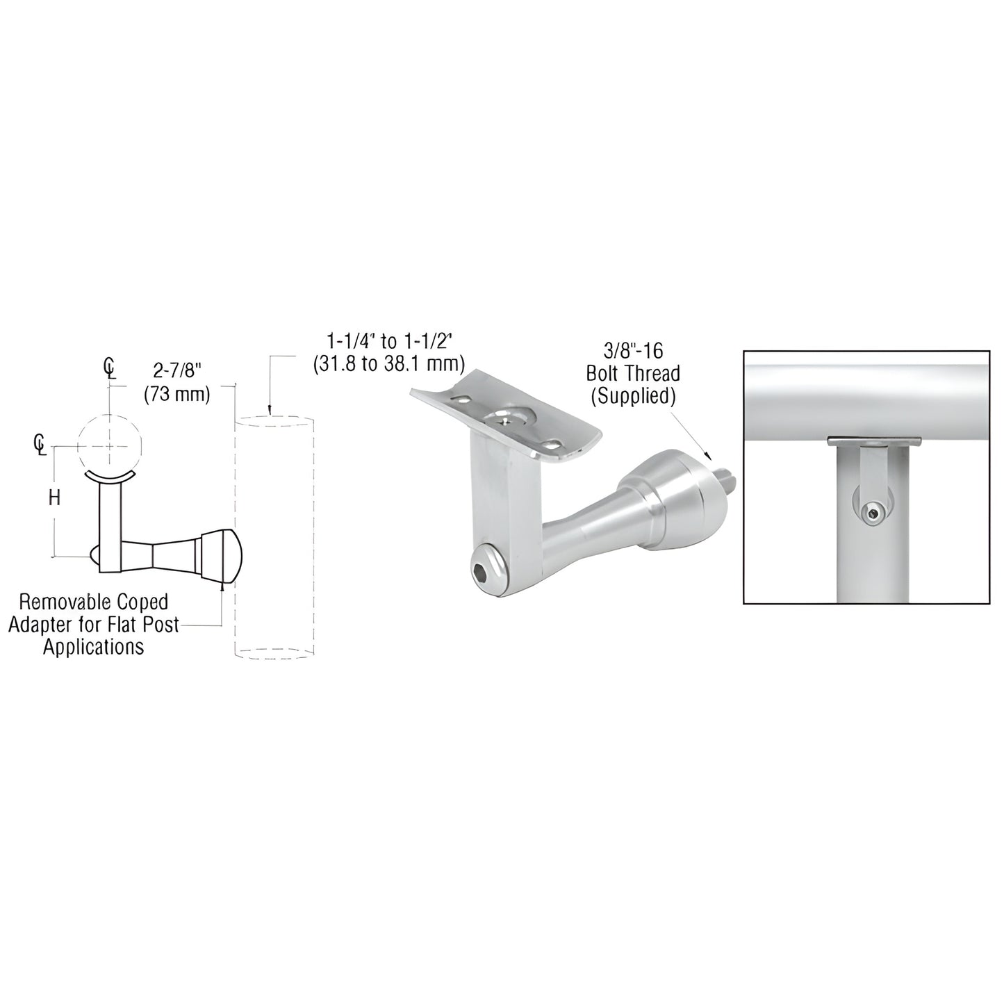 HR2SPMA aluminum mill-finish post-mounted handrail bracket for Schedule 40 posts, fits 1.5-2 in tubing, adjustable angle.