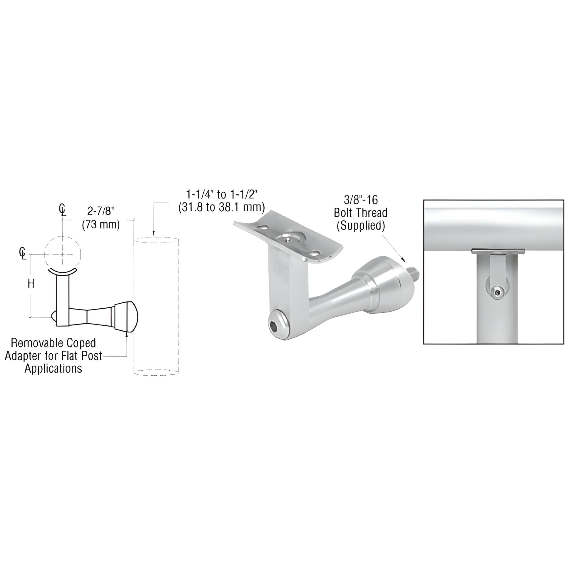 HR2SPMA aluminum mill-finish post-mounted handrail bracket for Schedule 40 posts, fits 1.5-2 in tubing, adjustable angle.