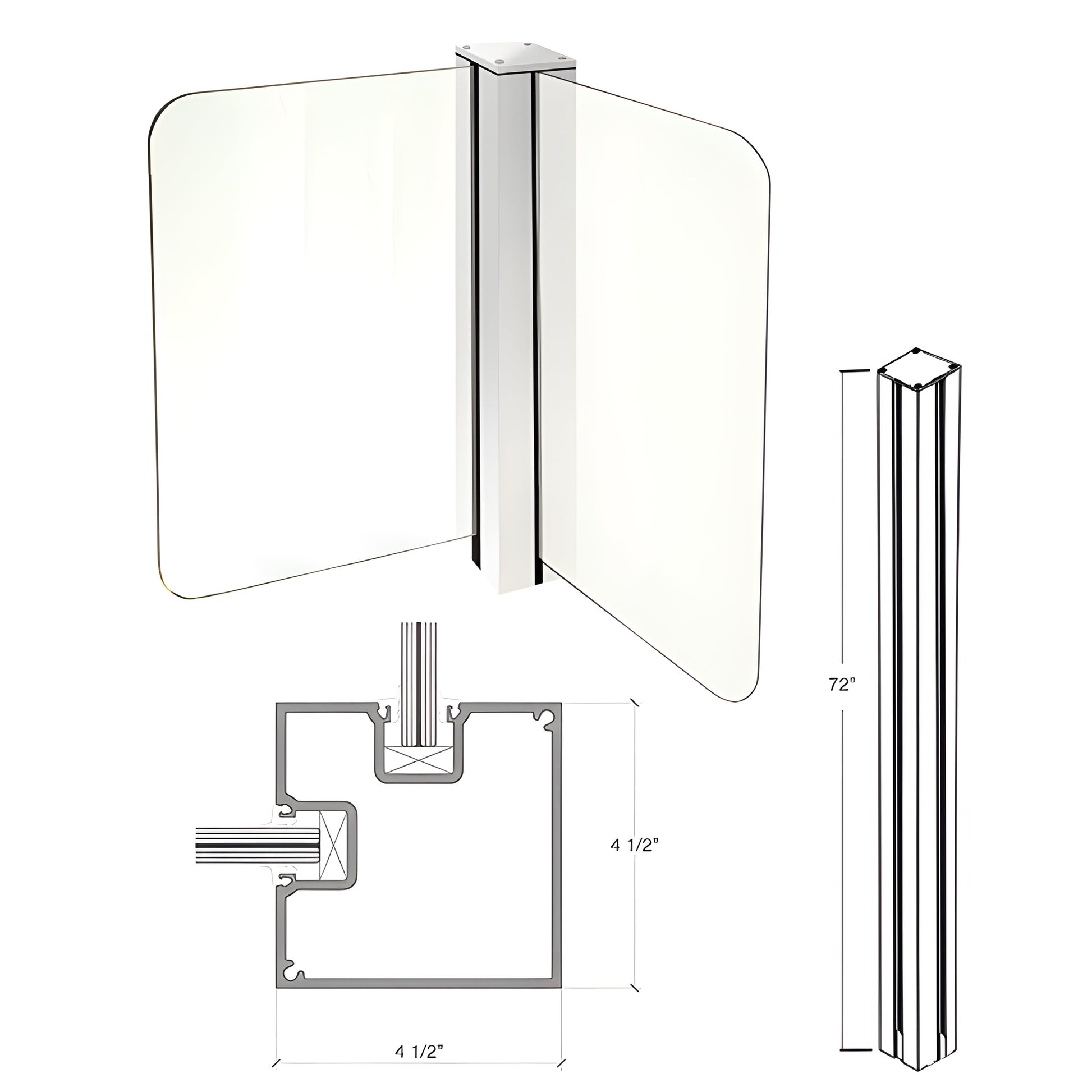 Cielo Post windscreen aluminum post with glass panels, metallic silver, 72" tall, 3-1/4" trim - SKU C72CRKS
