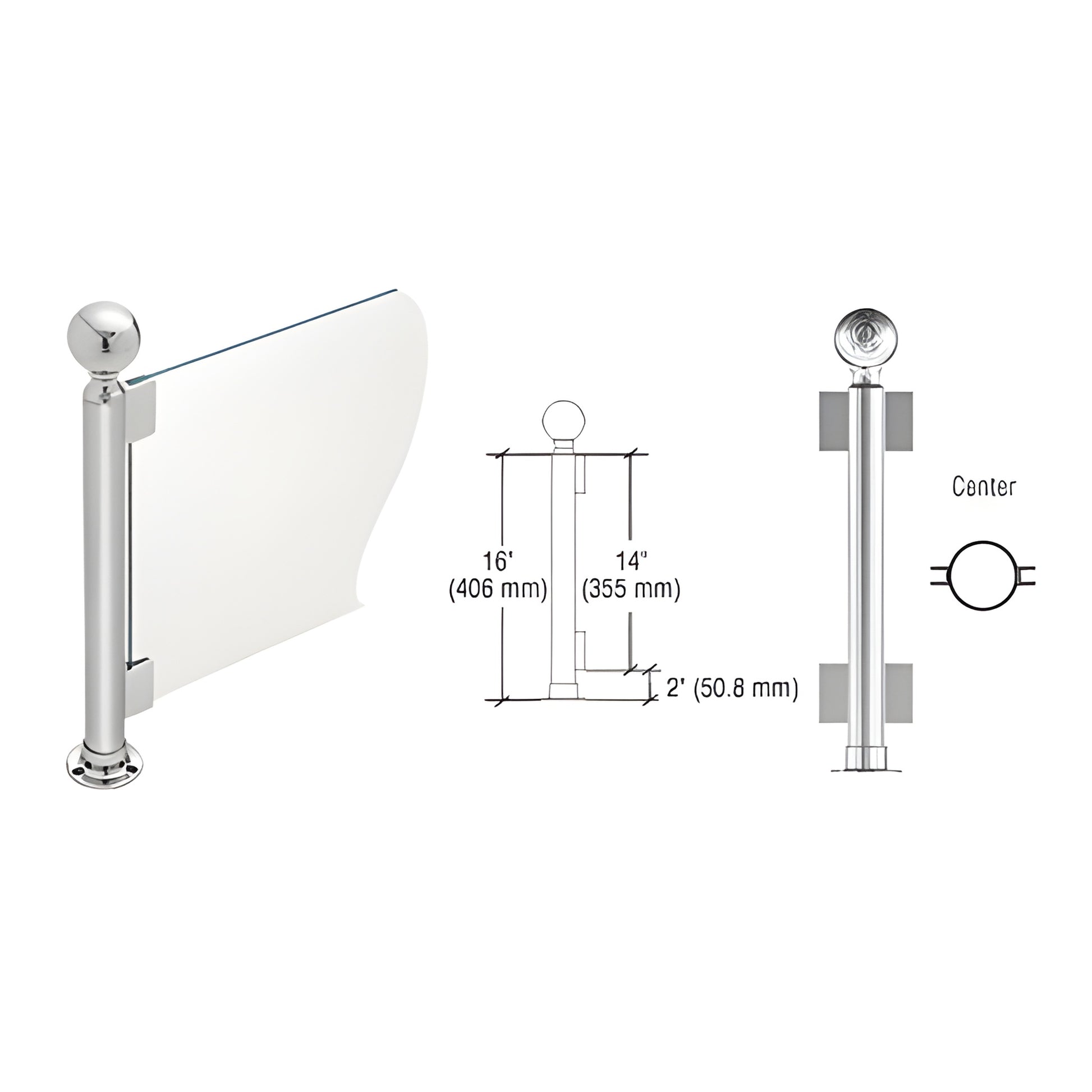 PP04CPS: Polished stainless steel 16 in round partition post with ball cap, flange base and glass clips, 1-1/2 in tube