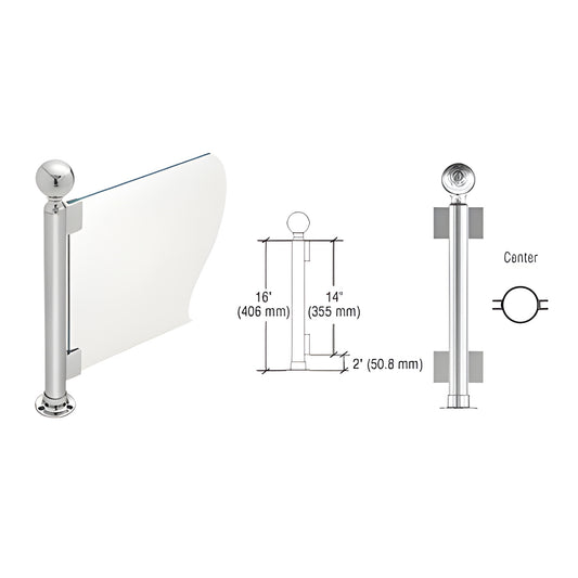 PP04CPS: Polished stainless steel 16 in round partition post with ball cap, flange base and glass clips, 1-1/2 in tube