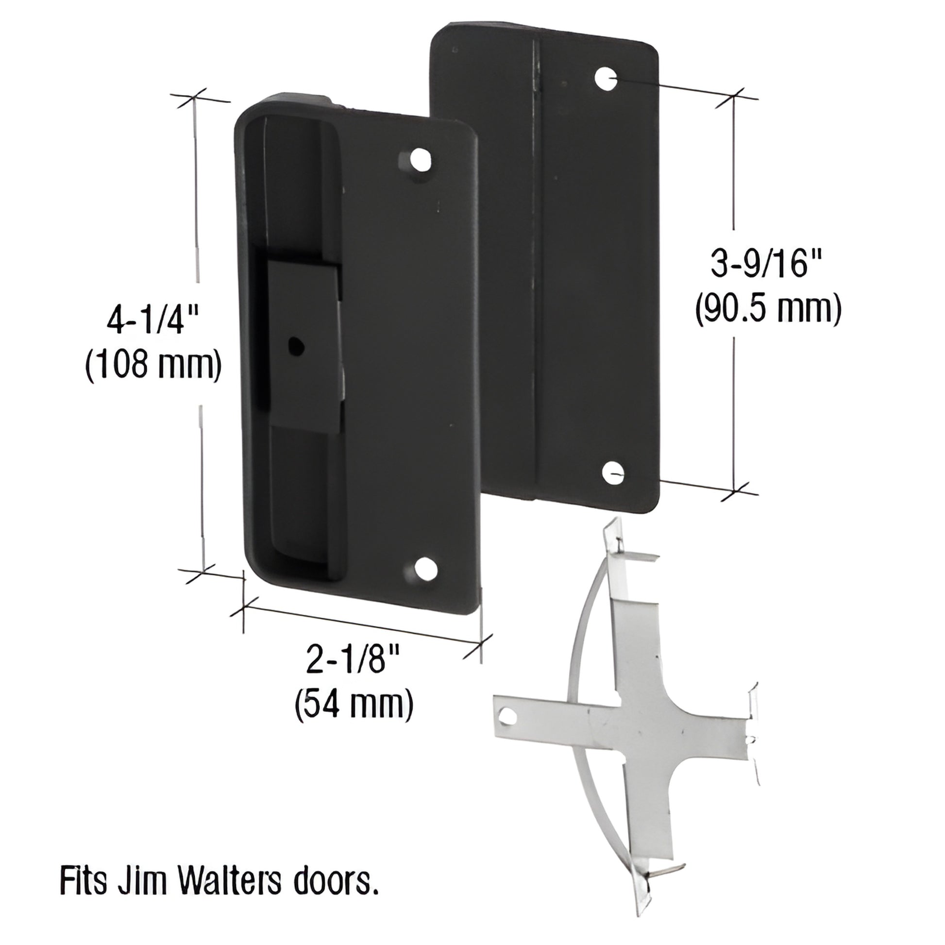 Black plastic recessed pull with steel latch assembly for Jim Walters sliding screen doors, mortise fit (SKU A151)