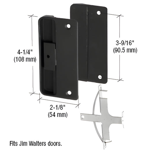 Black plastic recessed pull with steel latch assembly for Jim Walters sliding screen doors, mortise fit (SKU A151)