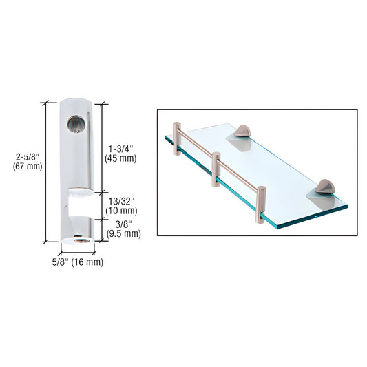 Polished chrome brass shelf support rod RDB1CH, left hand for 6-10mm tempered glass - dimensions and installed view.