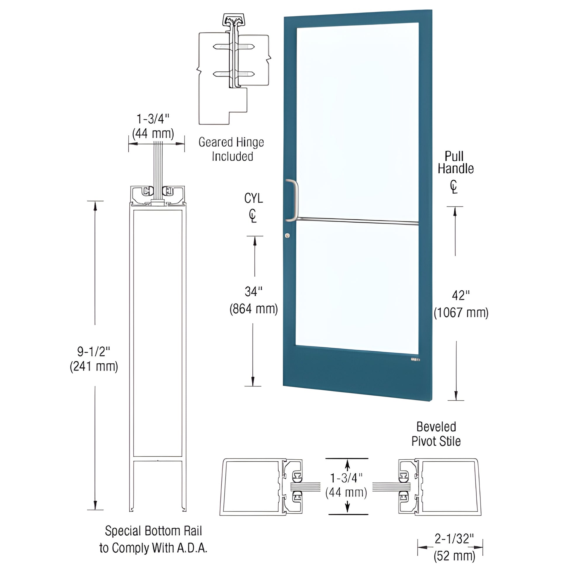 DE21871 Custom narrow-stile entrance door, teal frame with full-lite glass, 9-1/2" ADA bottom rail, push/pull hardware.