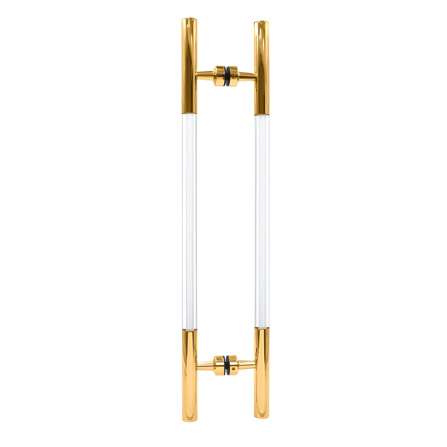 Polished brass glass-mounted ladder pull with clear acrylic semi-inserts, 18" center-to-center (SKU CA18X18BR)