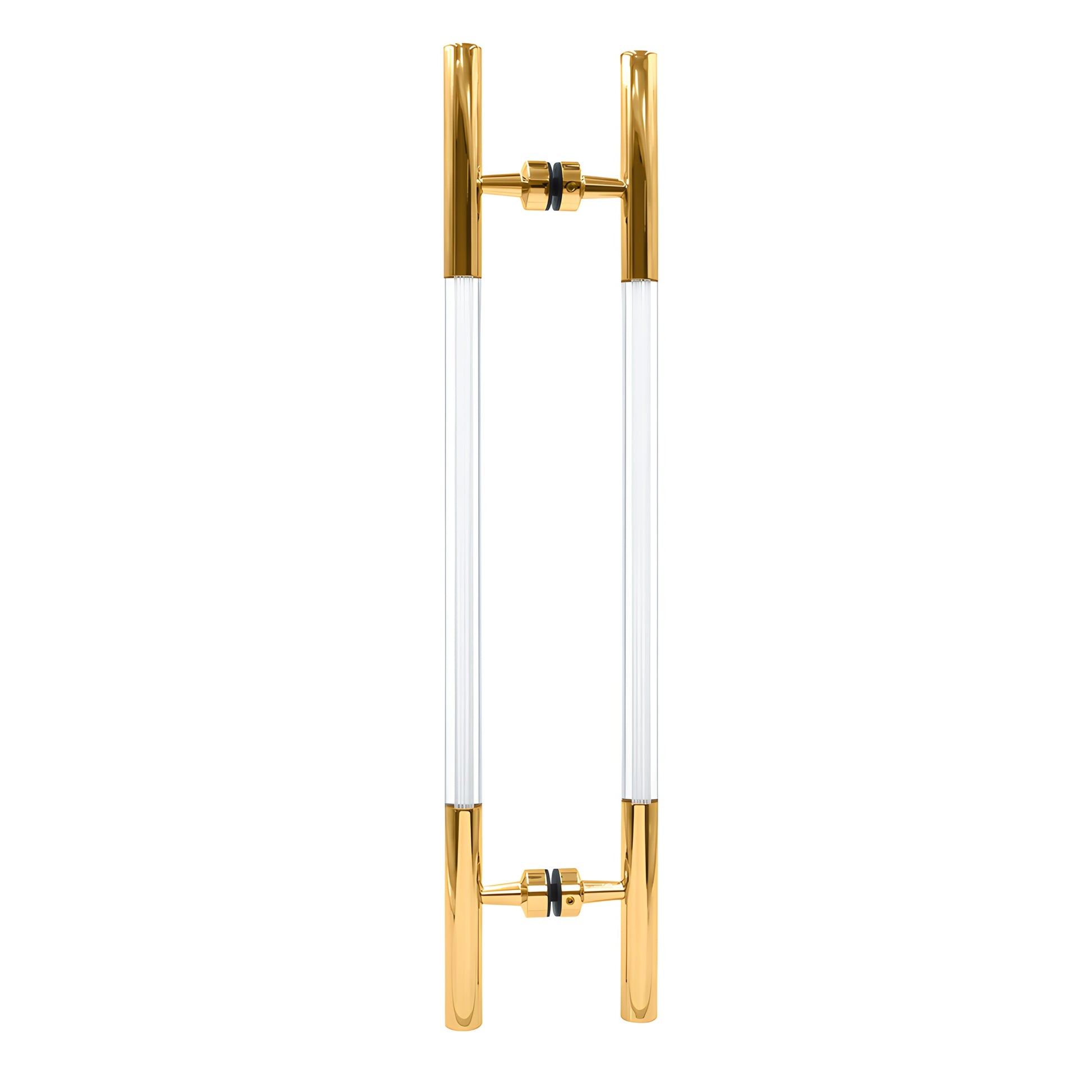 Polished brass glass-mounted ladder pull with clear acrylic semi-inserts, 18" center-to-center (SKU CA18X18BR)