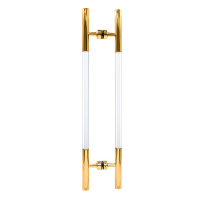 Polished brass glass-mounted ladder pull with clear acrylic semi-inserts, 18" center-to-center (SKU CA18X18BR)