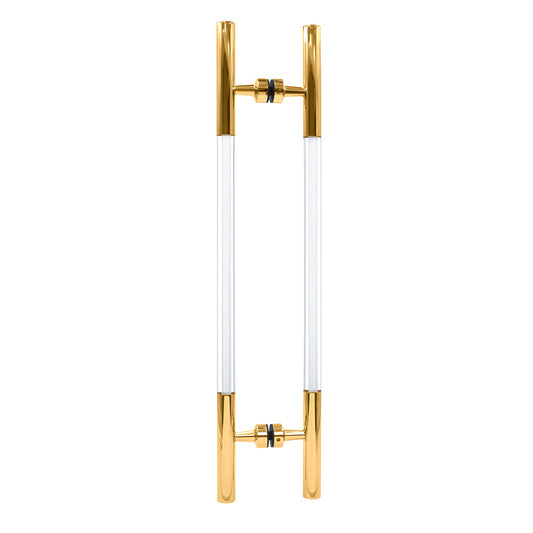 Polished brass glass-mounted ladder pull with clear acrylic semi-inserts, 18" center-to-center (SKU CA18X18BR)