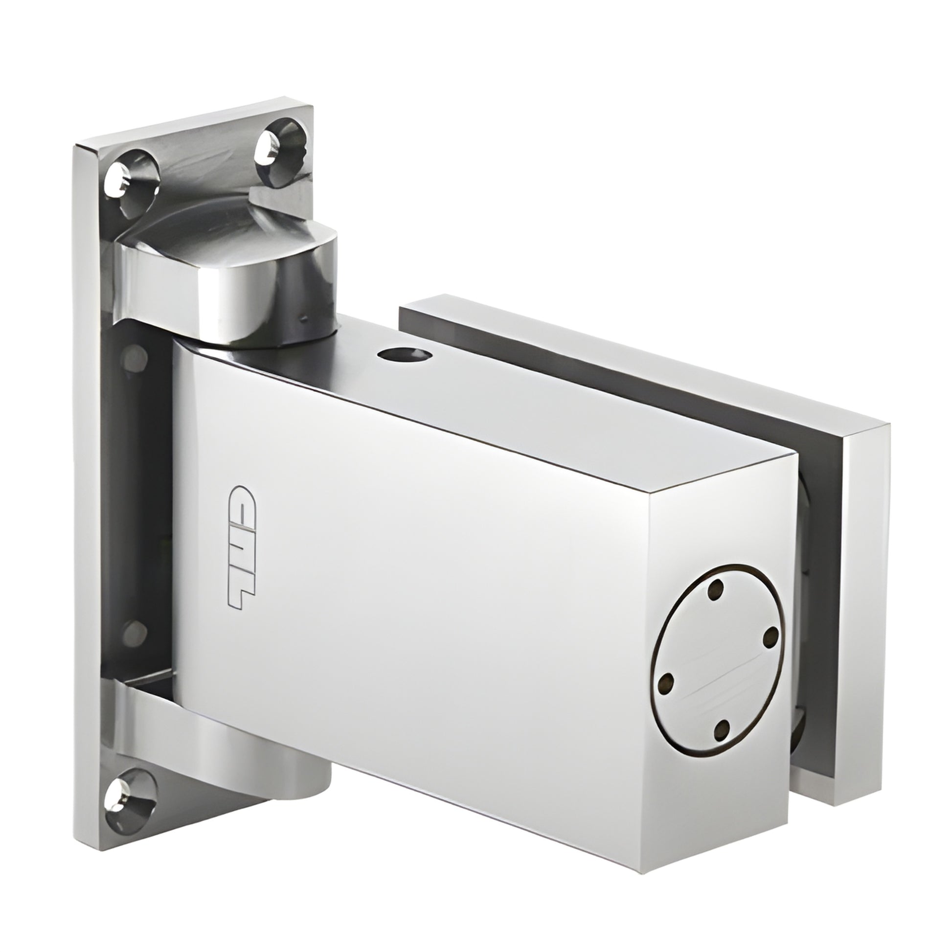 H8060SA satin anodized aluminum one-way wall-mount oil-dynamic hinge for 3/8-1/2 in glass doors, self-closing, hold-open.