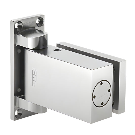 H8060SA satin anodized aluminum one-way wall-mount oil-dynamic hinge for 3/8-1/2 in glass doors, self-closing, hold-open.