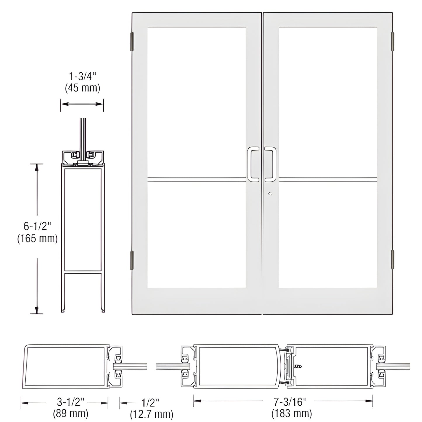 SR42552: White Kynar double medium-stile commercial entrance door, 3-1/2" stiles, accepts 1/4" tempered glass (glass not incl