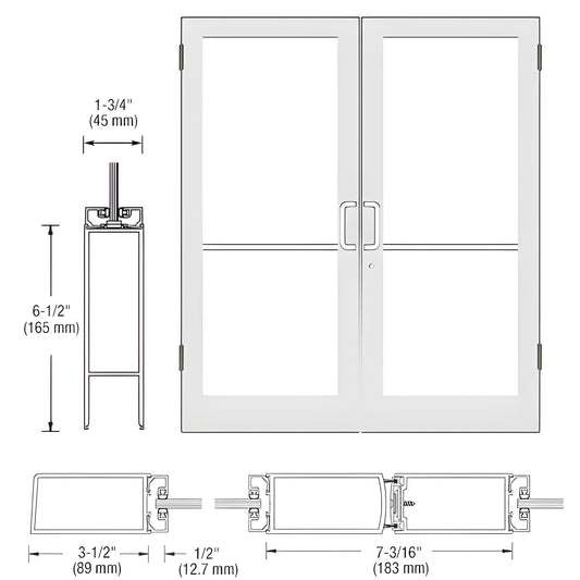 SR42552: White Kynar double medium-stile commercial entrance door, 3-1/2" stiles, accepts 1/4" tempered glass (glass not incl