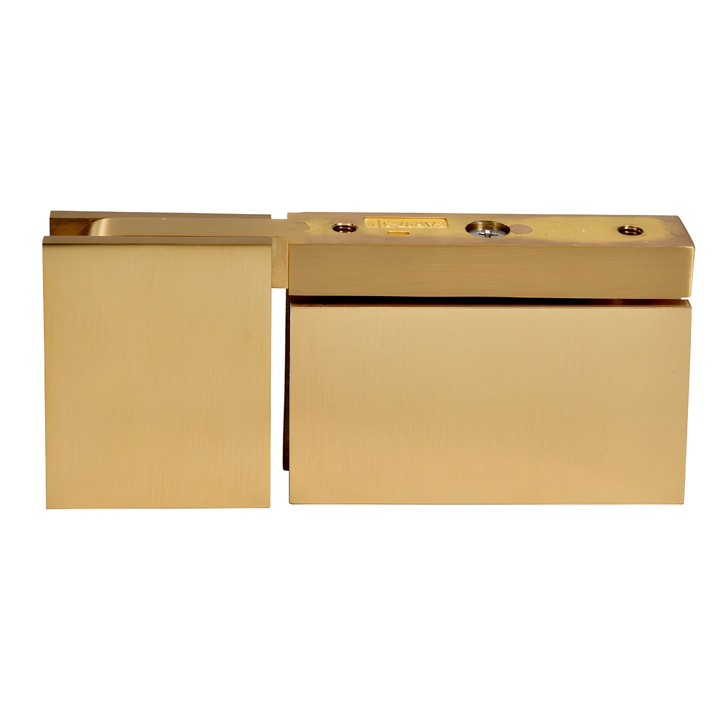 CAR07SB satin brass squared pivot hinge for 8-10mm glass shower door, solid brass, head-and-sill U-clamp design.