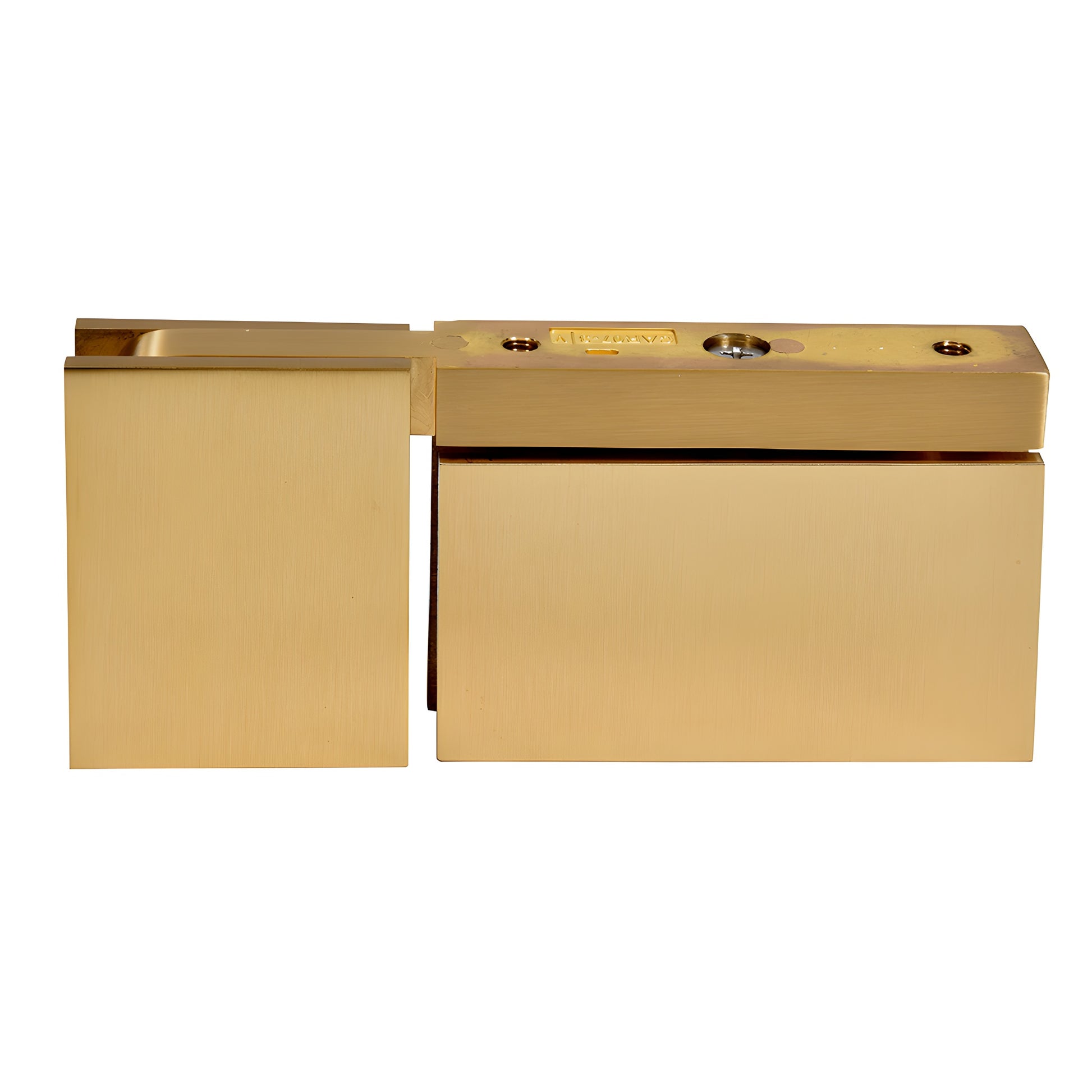 CAR07SB satin brass squared pivot hinge for 8-10mm glass shower door, solid brass, head-and-sill U-clamp design.